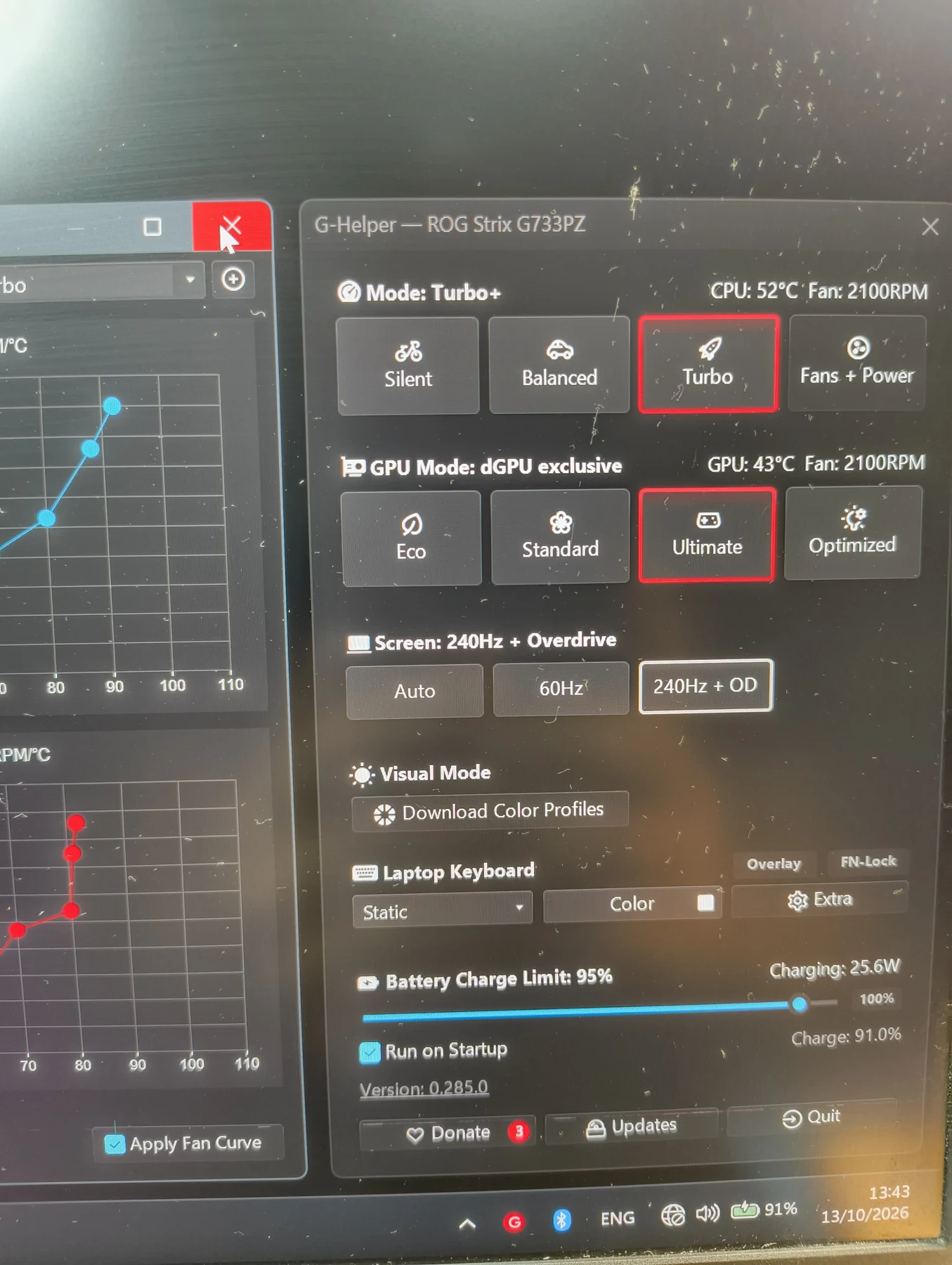 G-Helper en ASUS ROG Strix G733PZ con CPU a 52 °C y GPU a 43 °C