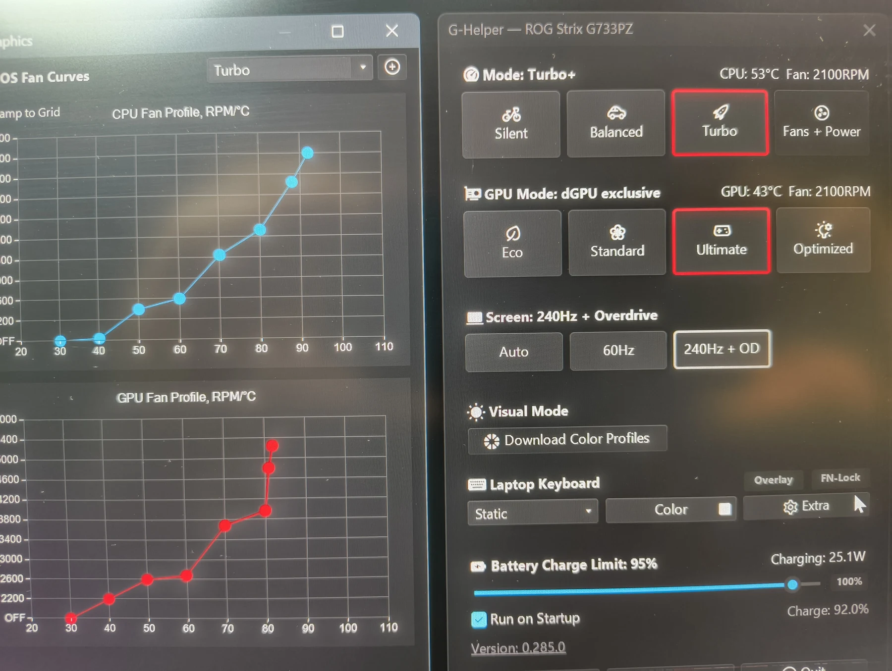 G-Helper en ASUS ROG Strix G733PZ con CPU a 53 °C y GPU a 43 °C